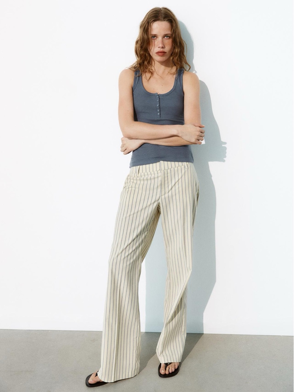 Zara NWT Low Rise Striped Wide Leg Straight Pants Light Yellow Blue S